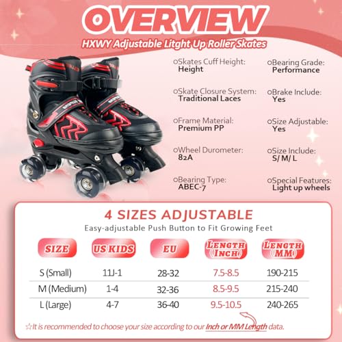 Kids Roller Skates Adjustable 4 Sizes with Light Up Wheels, Black & Red T777695