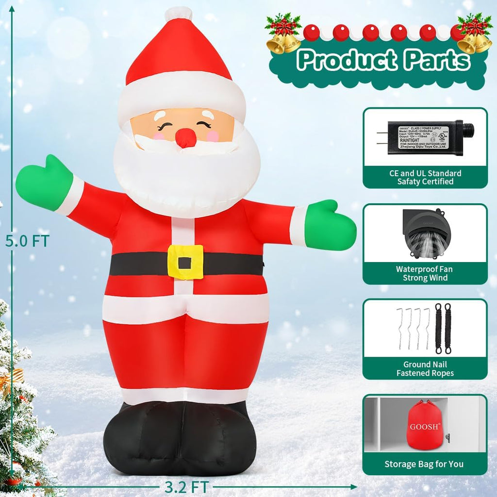 5 FT Christmas Inflatables Santa Claus Outdoor Decorations with Built-in LEDs S6234