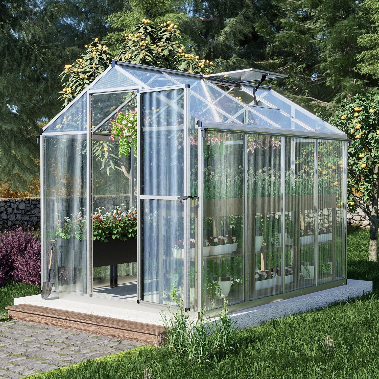 Walk-in Polycarbonate Greenhouse with Roof Vent and Door Lock A1336