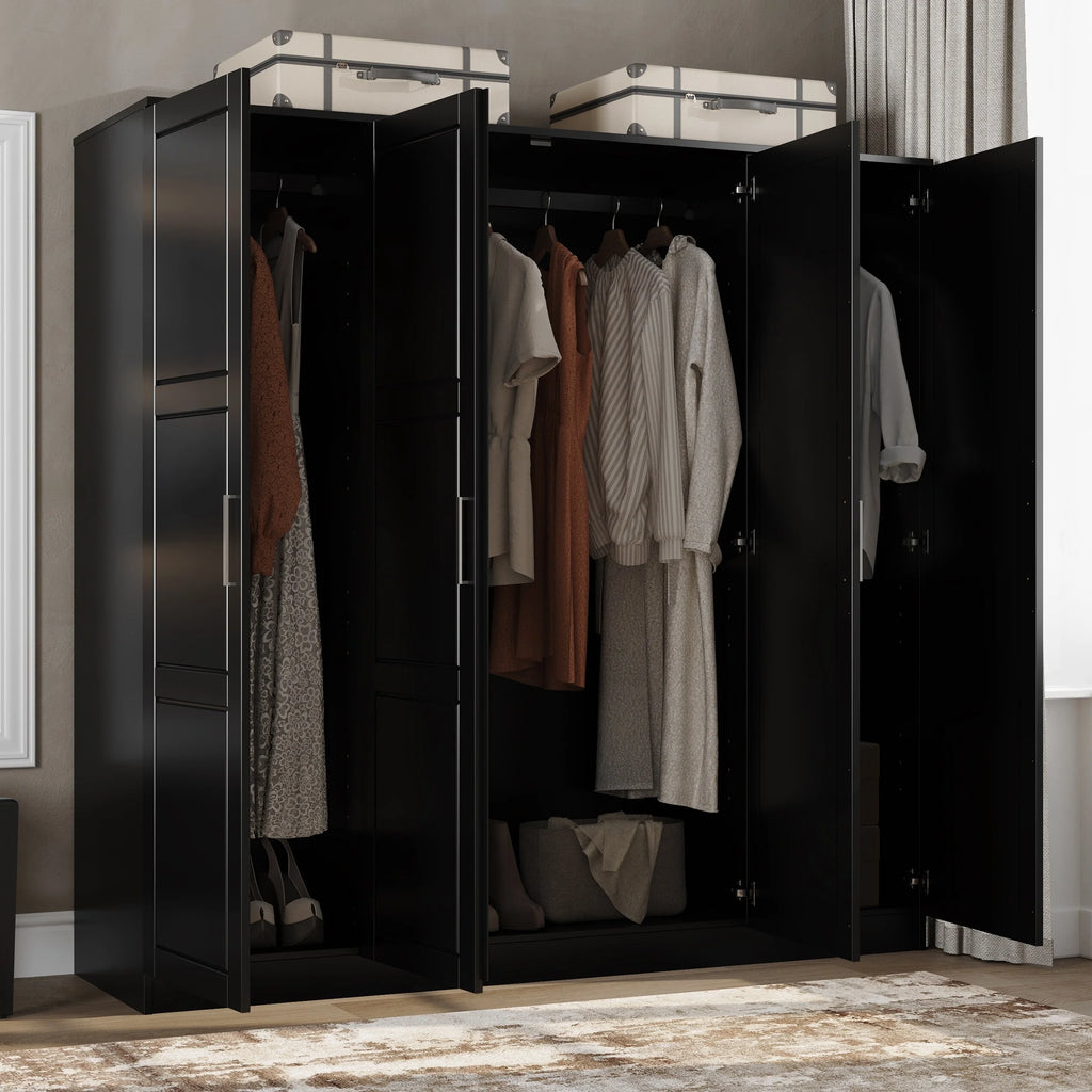 Solid Wood 4-Door Wardrobe with Mirrored Doors Black N69660