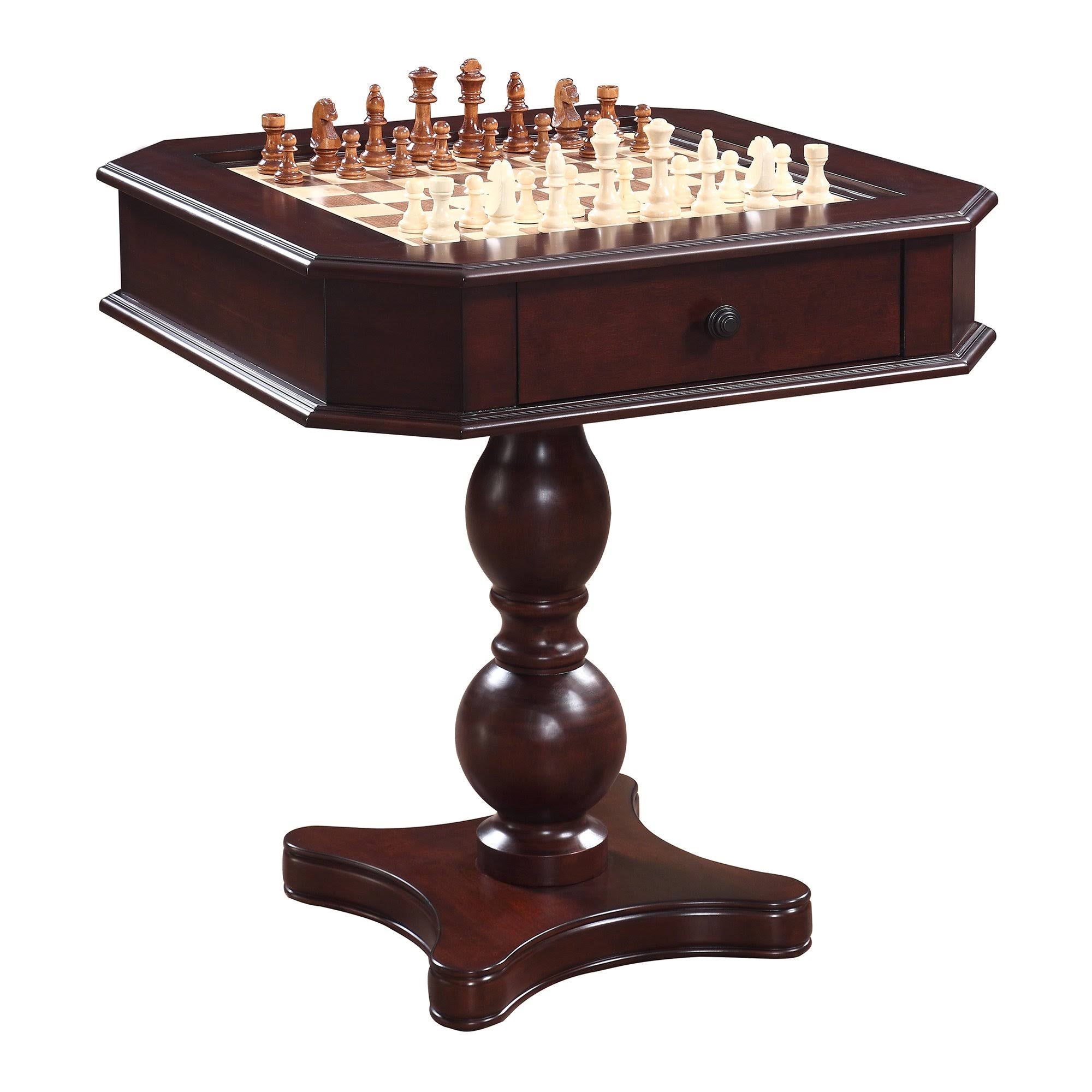 Chess Checkers and Backgammon Pedestal Game Table with Chairs, Mahogany T5614