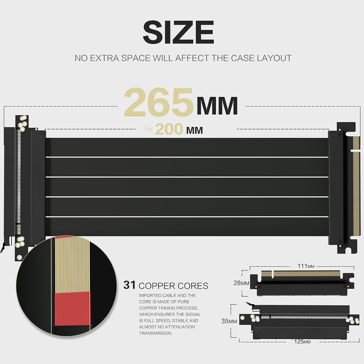 PCIE 4.0 16x Shielded Riser Cable for GPU Extension Card, Right Connector 20cm W3262