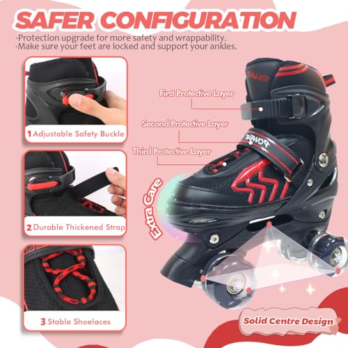 Kids Roller Skates Adjustable 4 Sizes with Light Up Wheels, Black & Red T777695