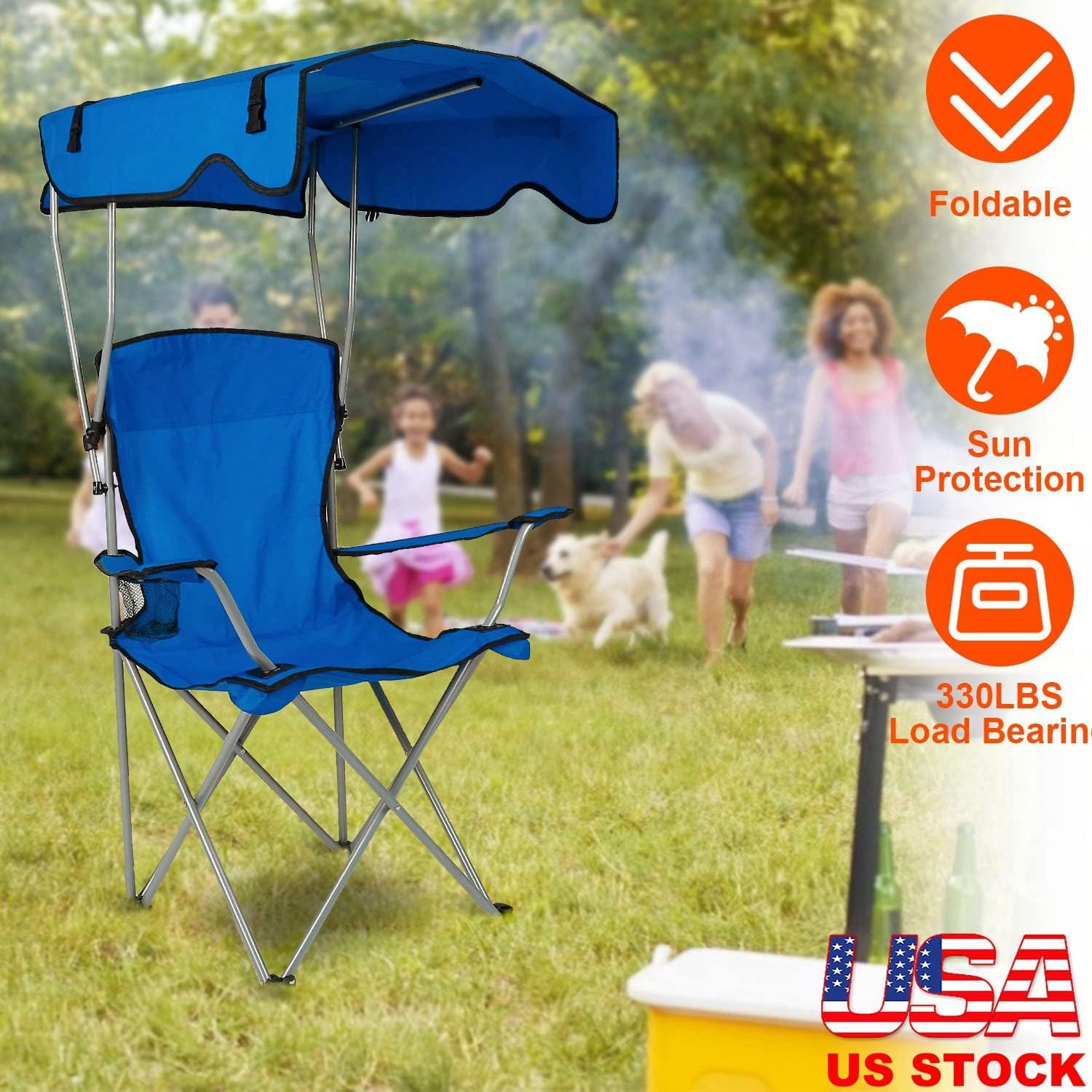 Folding Camping Chair with Shade Canopy, Cup Holder, UPF 50+ Sun Protection, Supports 330 LBS E442