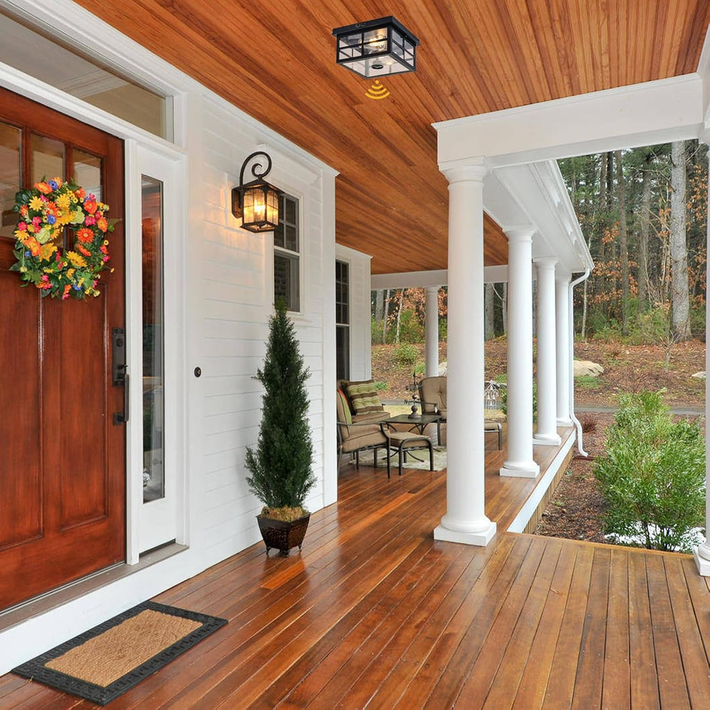Outdoor Ceiling Light with Motion Sensor, 2-Light Flush Mount, Dusk to Dawn, Clear Glass W848052