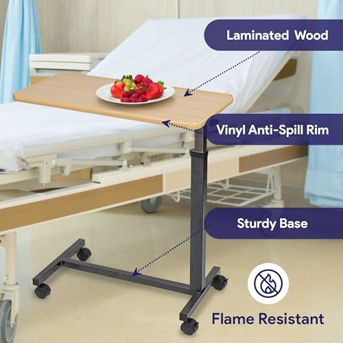 Overbed Table with Wheels, Adjustable Height, Wood Top Q363099
