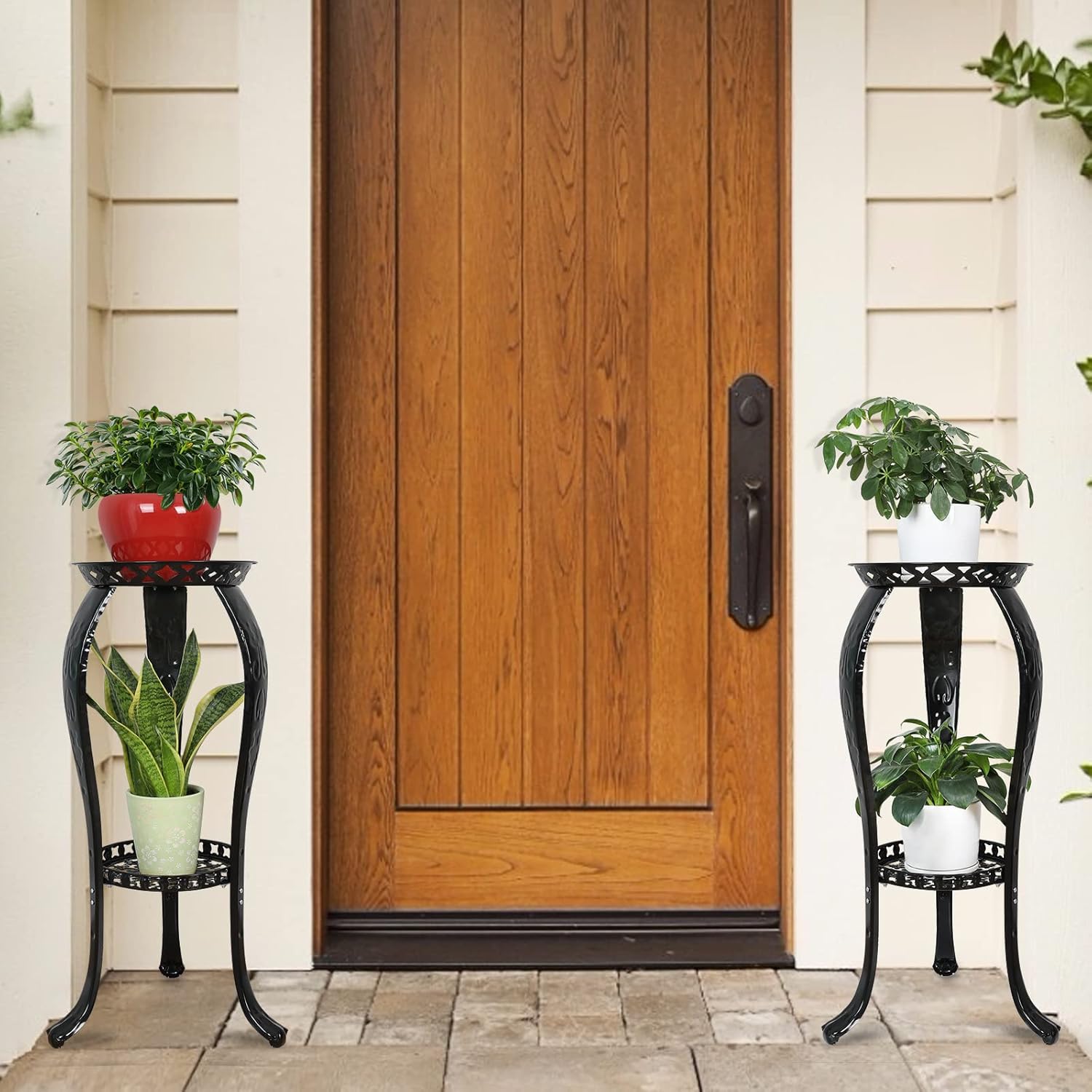 2-Tier Metal Plant Stand Indoor Outdoor Iron Flower Pot Holder Tall Display Rack, Black, 2-Pack M884069