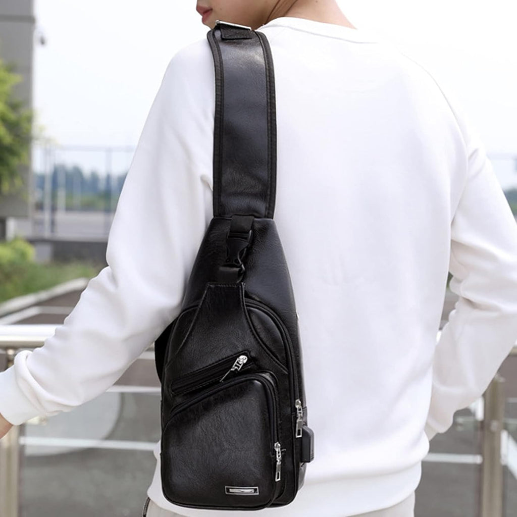 Waterproof Leather Sling Backpack with USB Charging Port for Hiking D969050