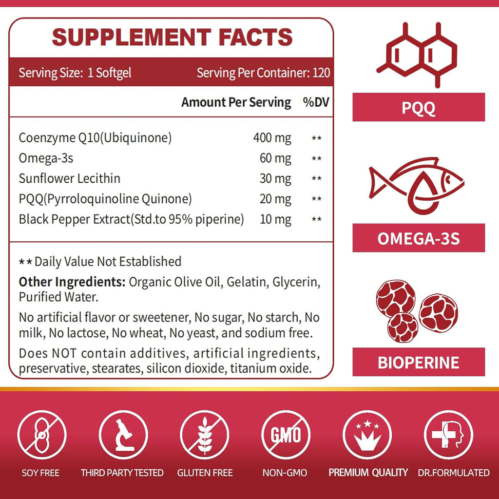 CoQ10 400mg Softgels with PQQ & Omega-3, Antioxidant Supplement for Heart and Energy Support, 120 Servings U256