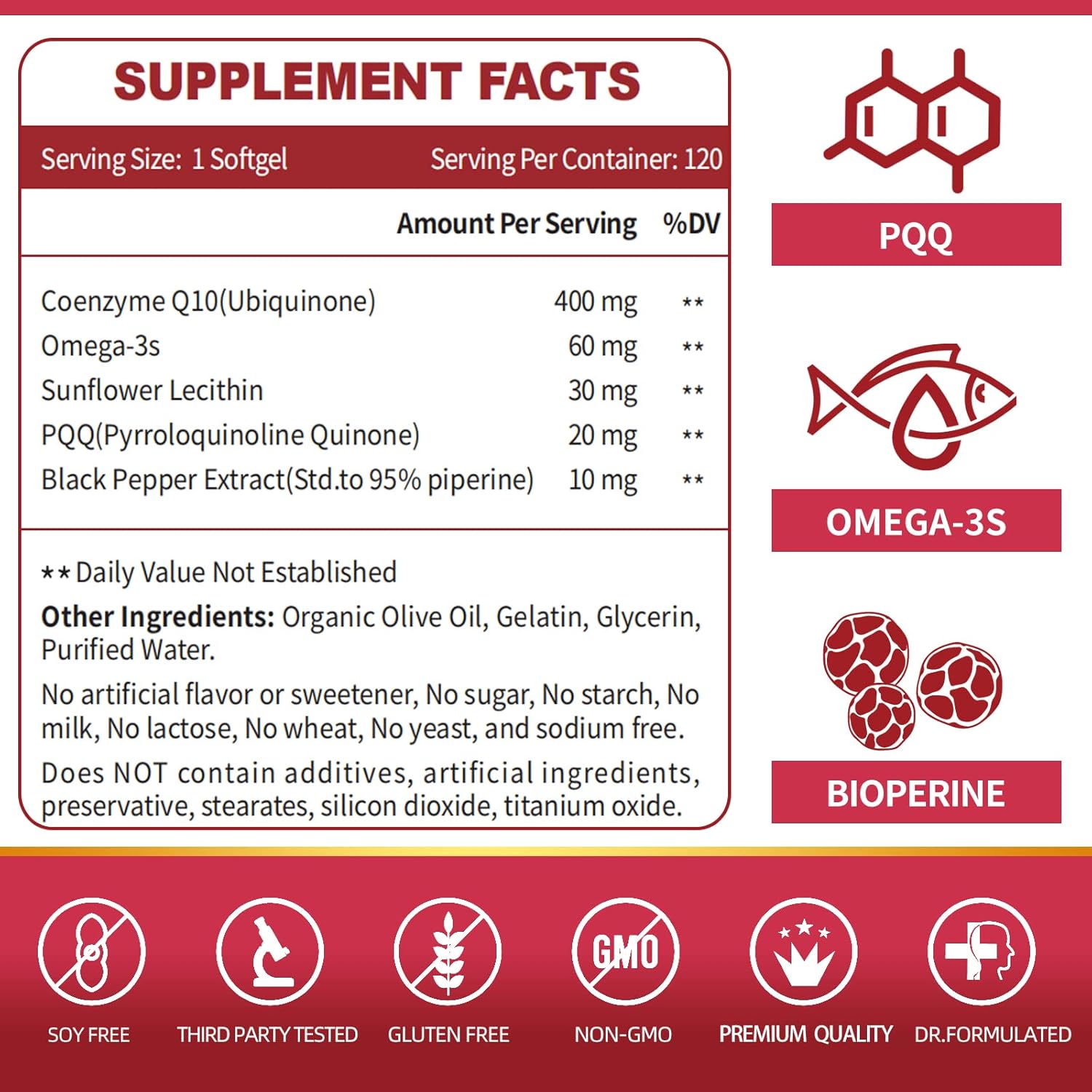 CoQ10 400mg Softgels with PQQ & Omega-3, Antioxidant Supplement for Heart and Energy Support, 120 Servings U256
