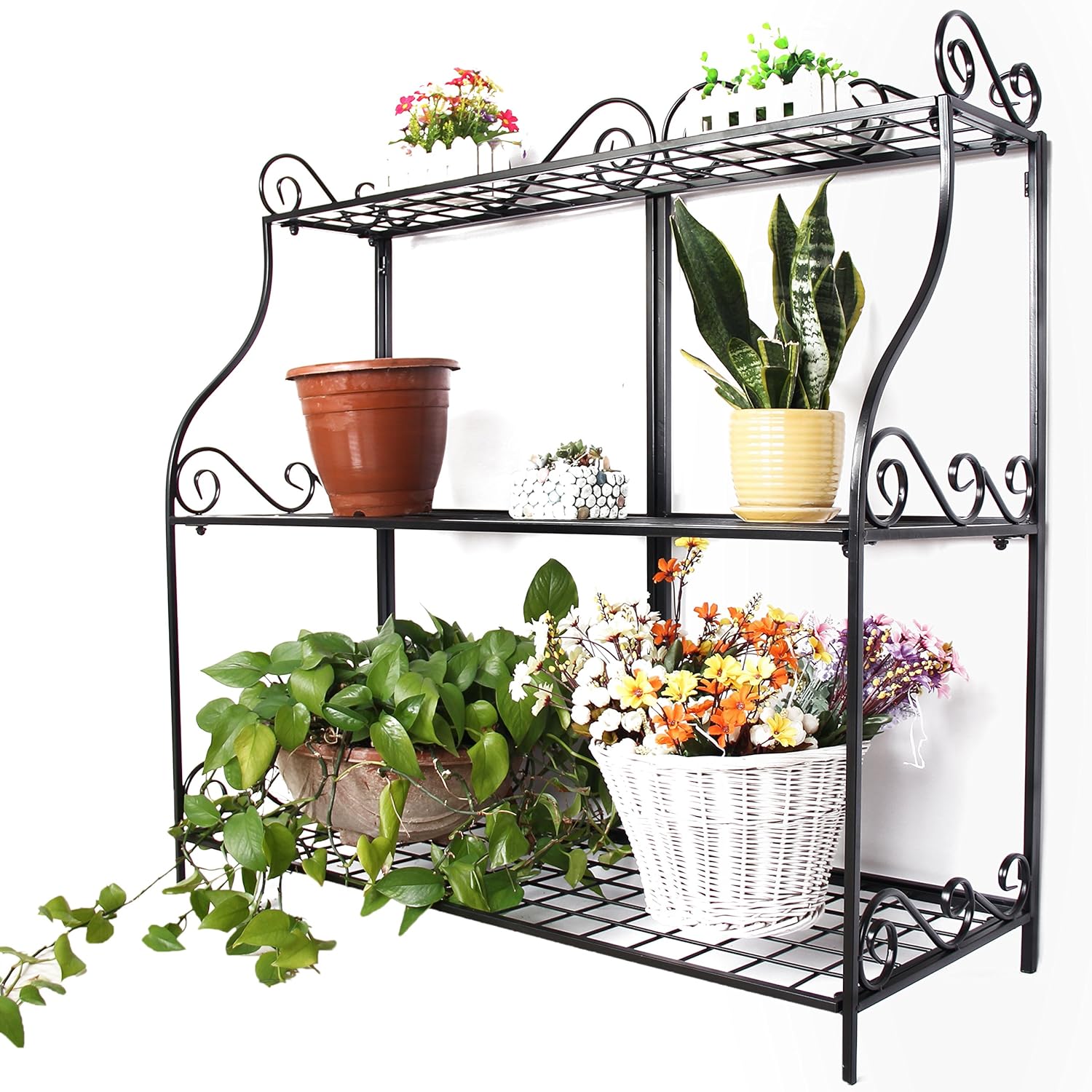 Large Flower Stand Plant Display Freestanding Metal Scrollwork Foldable 3-Tier Storage Rack G166758