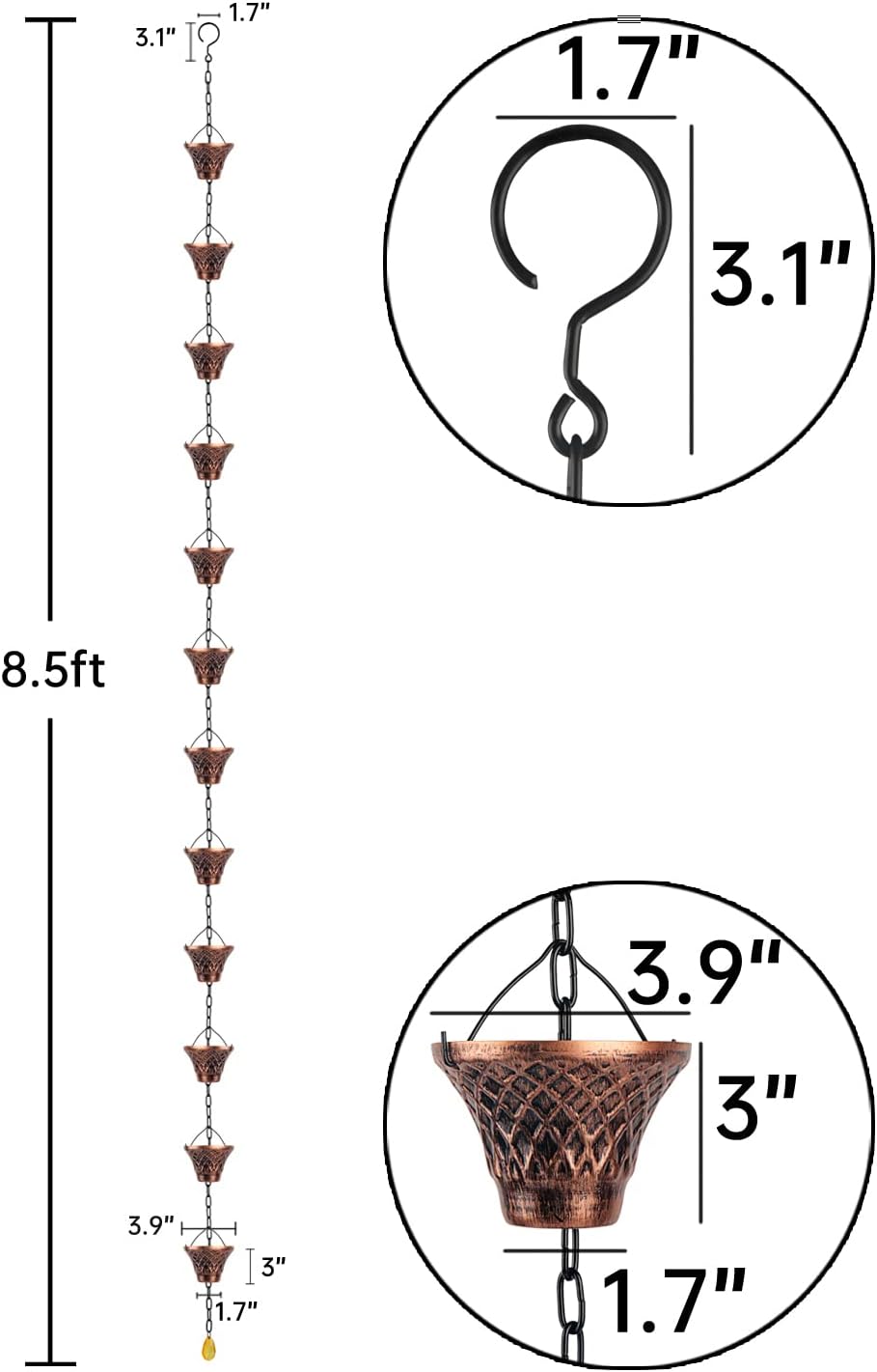 Copper Rain Chains for Downspouts, Decorative Rainwater Diverter, 8.5 ft G73367