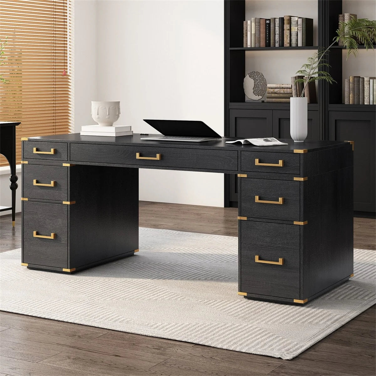 Executive Writing Desk with Metal Edge Trim, Black S901