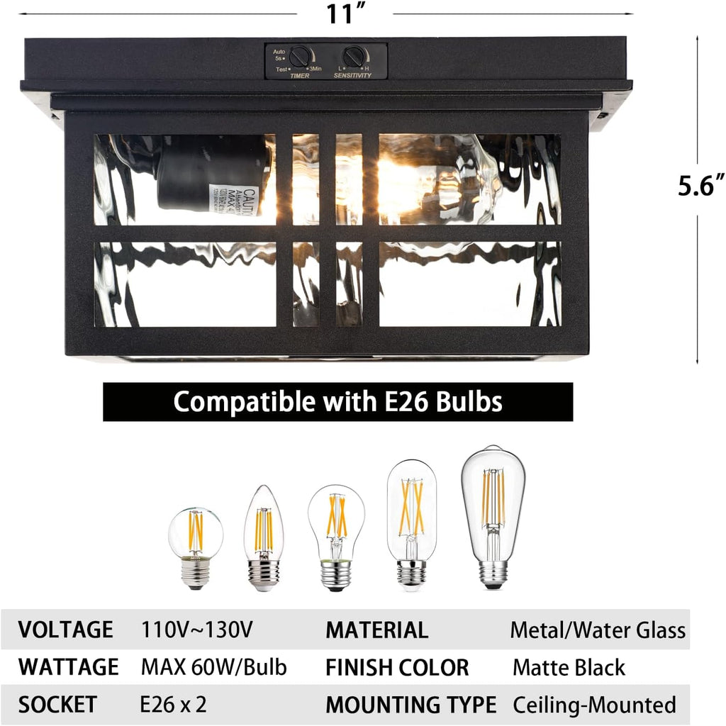 Motion Sensor Outdoor Flush Mount Ceiling Light, Water Ripple Glass, 2-Light F241