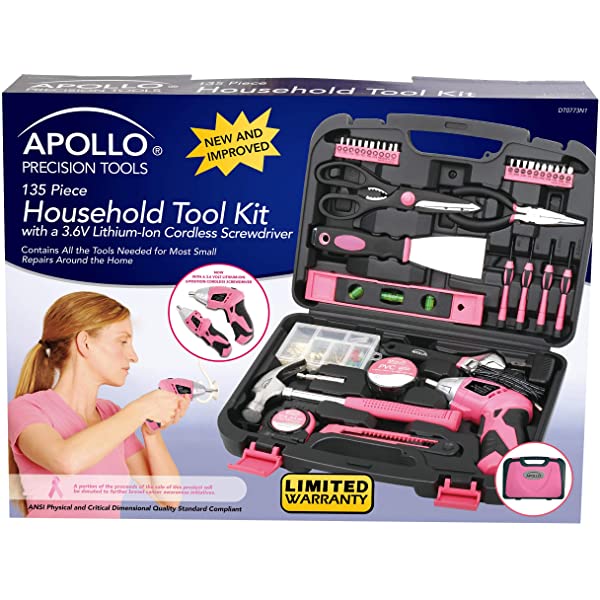 135 Piece Household Tool Kit Pink with Cordless Screwdriver M3986
