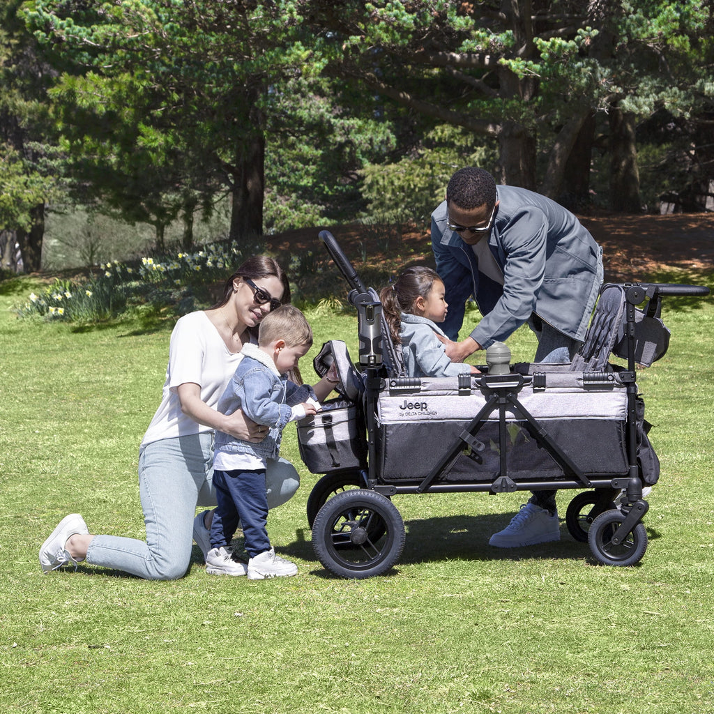 4 Seater Stroller Wagon with Convertible Seats, Adjustable Handles, Removable Canopy, Flat Fold J737378