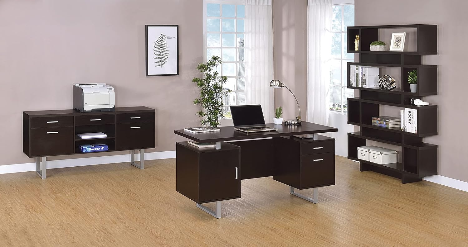 Contemporary Cappuccino Credenza with Metal Sled Legs, 60W x 16D x 30H Z985533