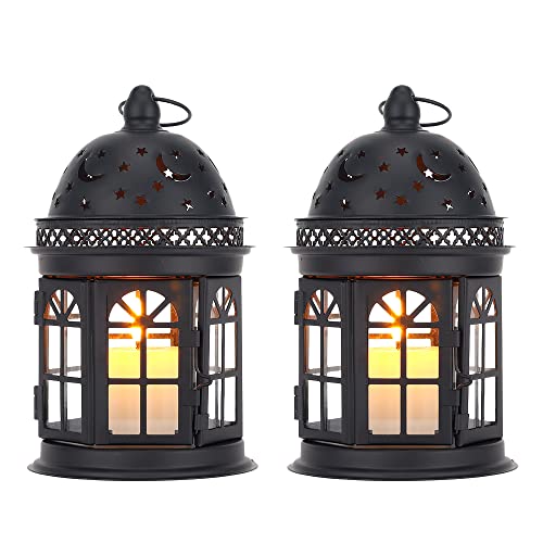 Set of 2 Decorative Hanging Lanterns, 8.5in, Metal Candle Holder for Indoor Outdoor Weddings Q5781