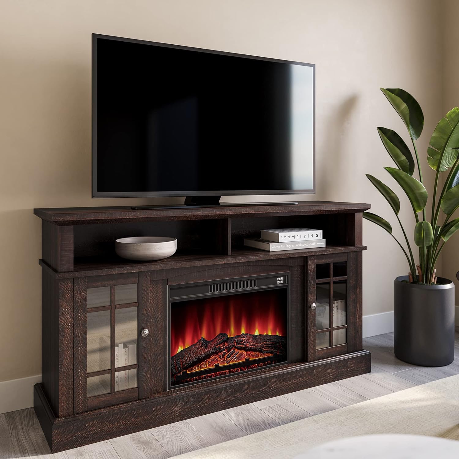 Rustic Electric Fireplace TV Stand for TVs up to 65 Inches with Storage Shelves and Cabinets H41004
