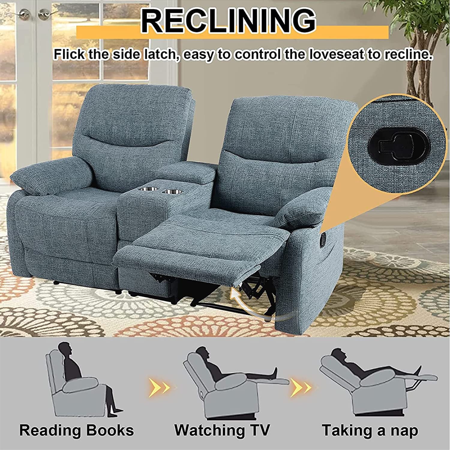 Reclining Sofa with Console, 2 Seater Fabric Loveseat with Cup Holders W678915