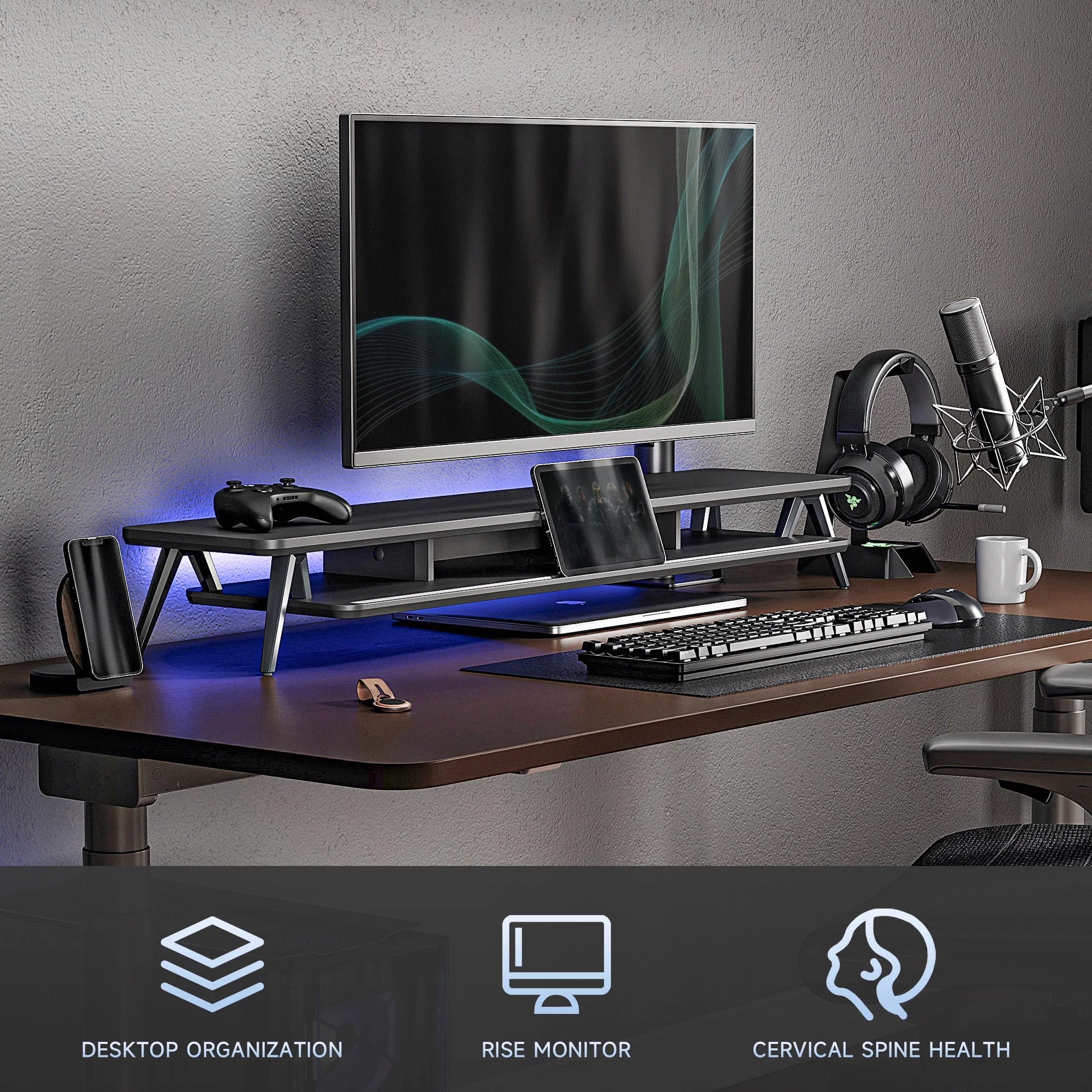 Dual Monitor Stand Riser 42.5 Inch Desk Shelf with Storage Organizer Y7352