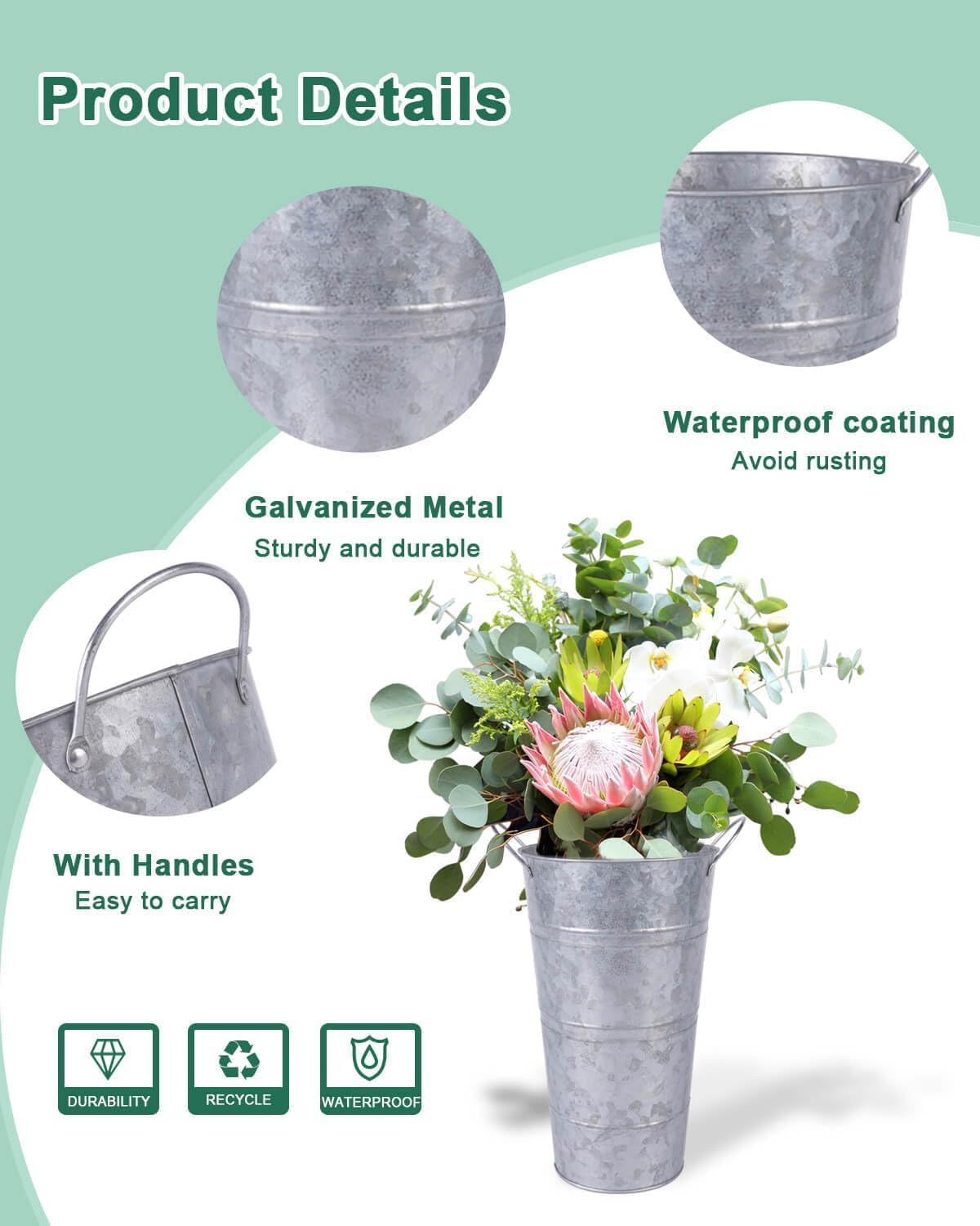 Galvanized Metal Vases with Handles for Flowers, 6-Piece Set S5451
