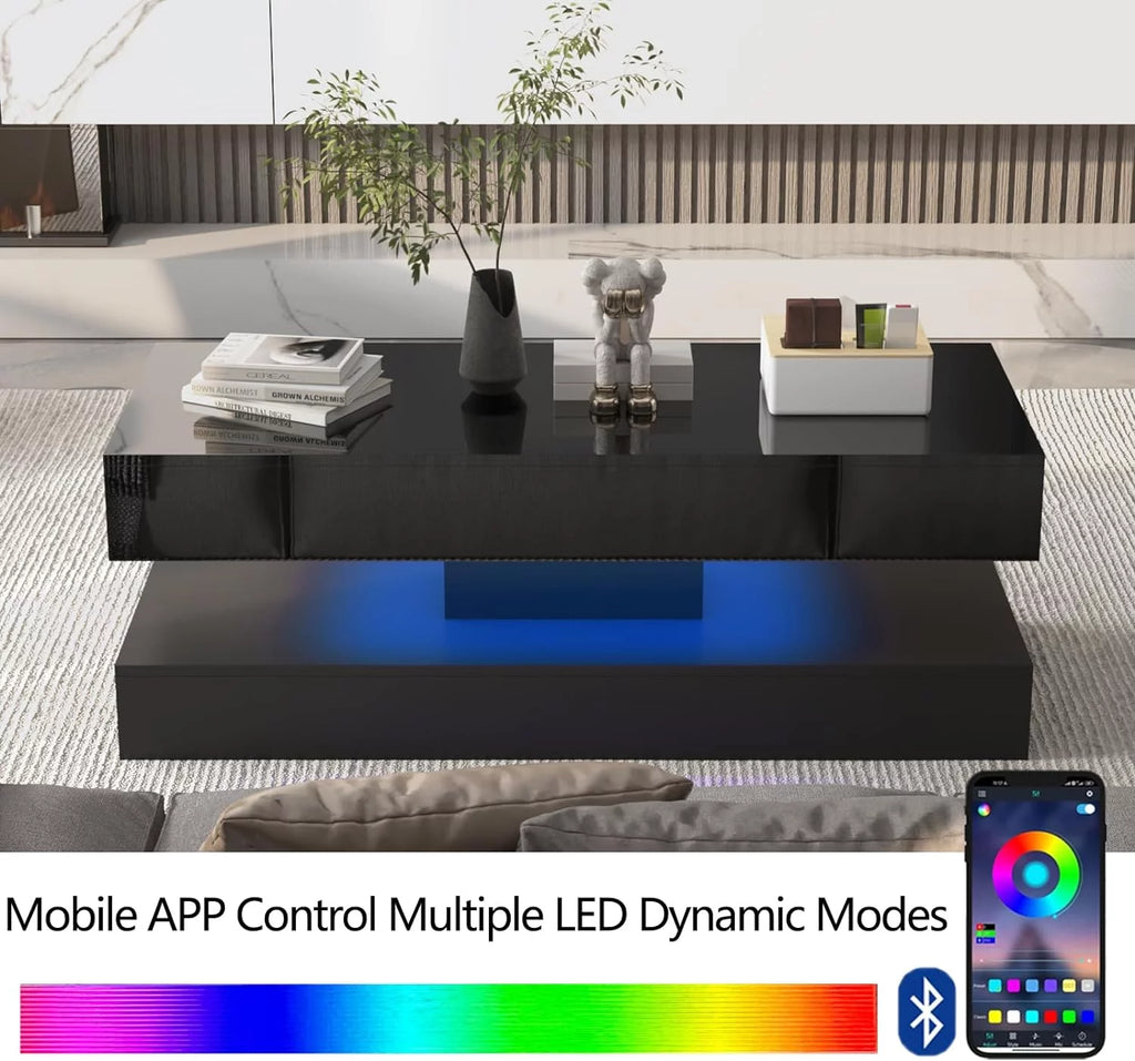 LED Coffee Table with 2 Storage Drawers, High Gloss Black, APP Control A69449