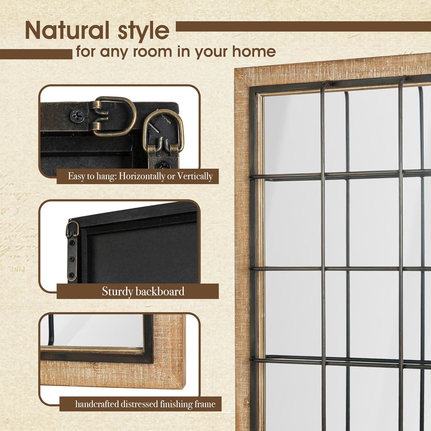 Windowpane Wall Mirror 24 x 32, Farmhouse Rectangle Wood and Metal Frame Wall Decor D308086