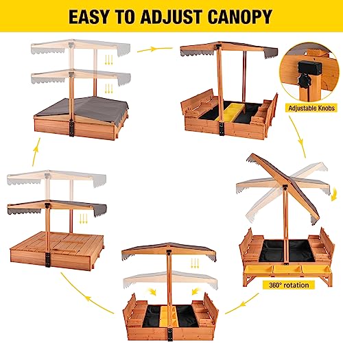 Kids Sandbox with Canopy, Foldable Bench Seats, Outdoor Wooden Playset H37656