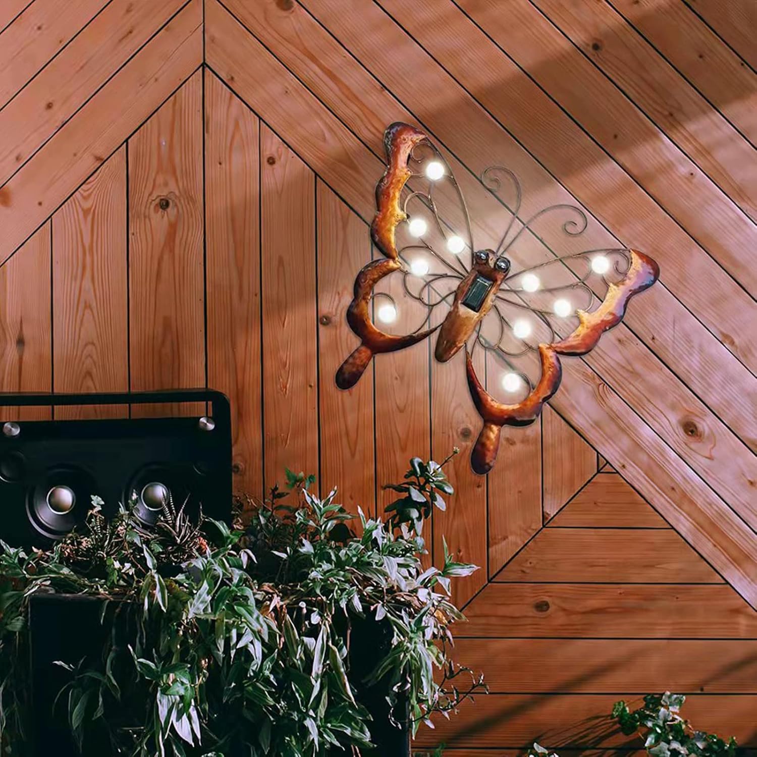 Solar Metal Butterfly Garden Wall Art with Light R1716