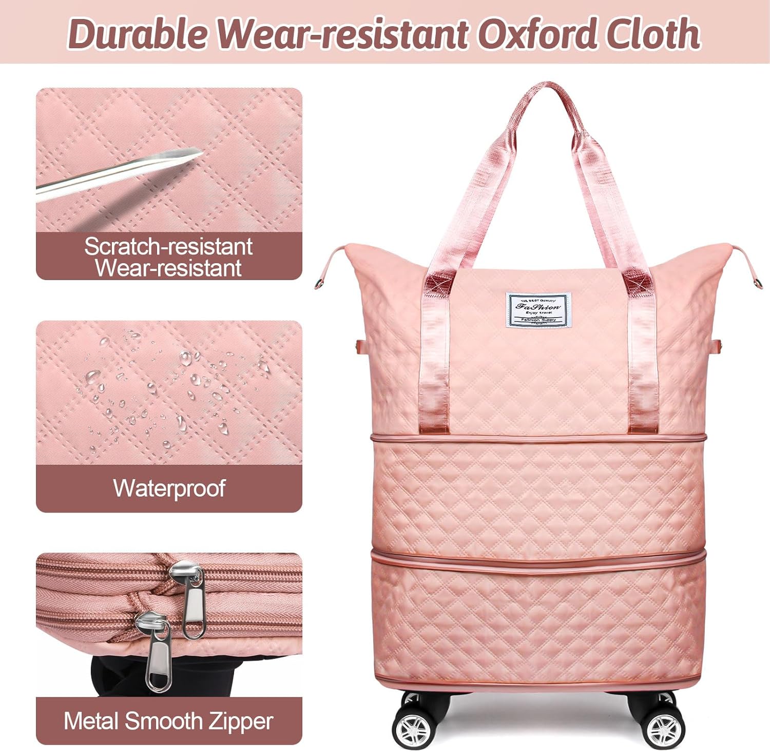 Rolling Duffel Bag with Wheels, Expandable Travel Luggage, Foldable Carry-On, Pink A167