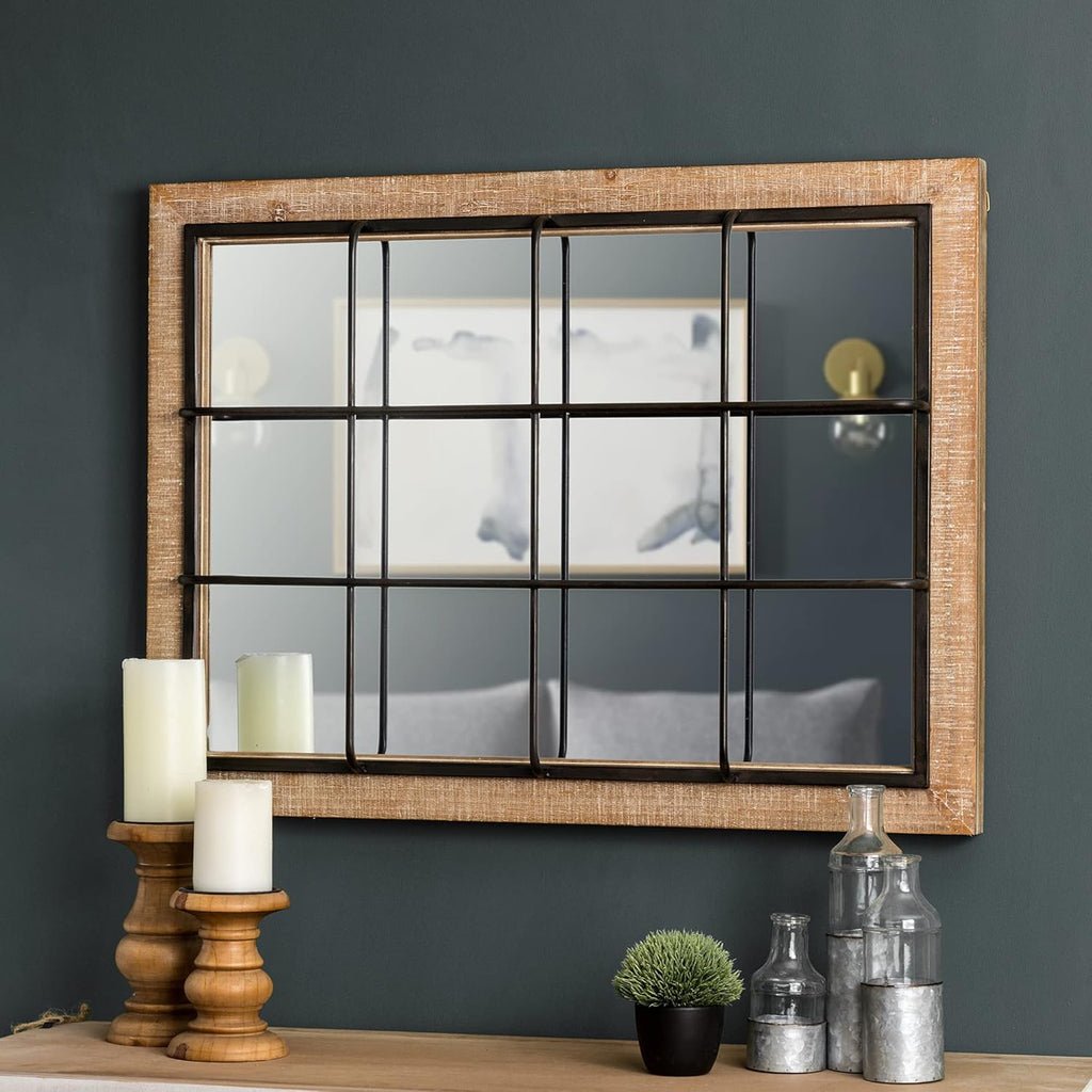 Windowpane Wall Mirror 24 x 32, Farmhouse Rectangle Wood and Metal Frame Wall Decor D308086