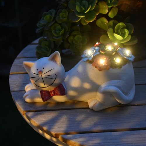Solar Cat Statue Garden Decor for Yard Lawn J9481