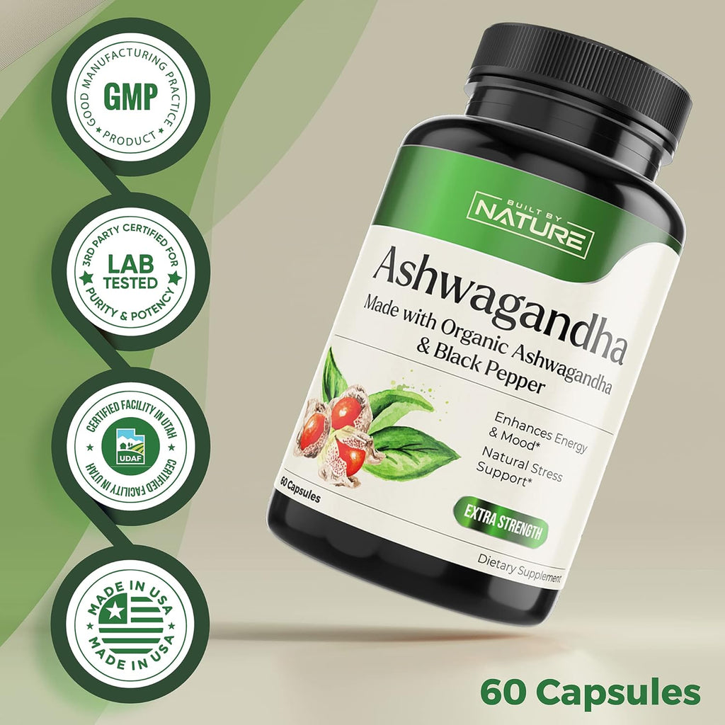 Ashwagandha with Black Pepper Supplement, Non-GMO, Gluten-Free, 60 Vegan Capsules F5710