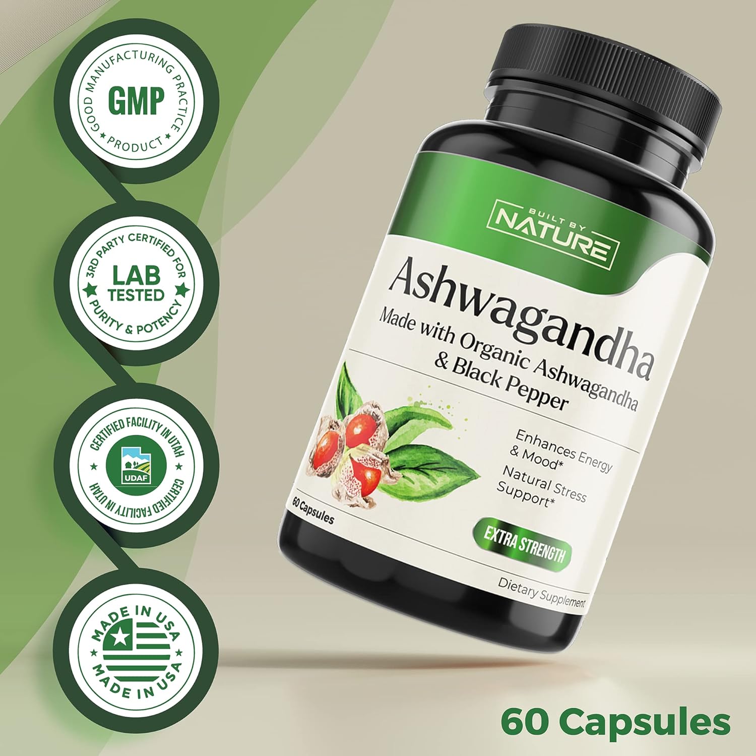 Ashwagandha with Black Pepper Supplement, Non-GMO, Gluten-Free, 60 Vegan Capsules F5710