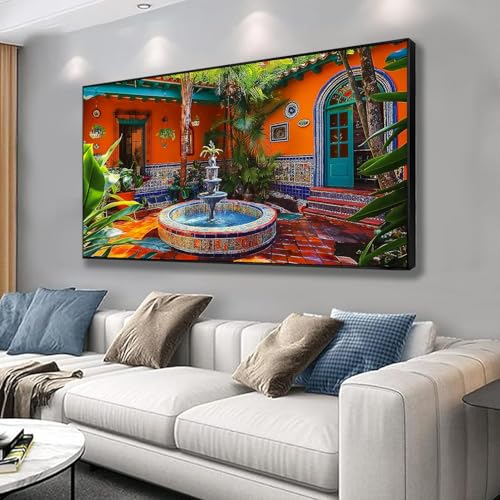 Colorful Mexican Village Canvas Wall Art, Large Abstract, Gold Metal Framed L12710