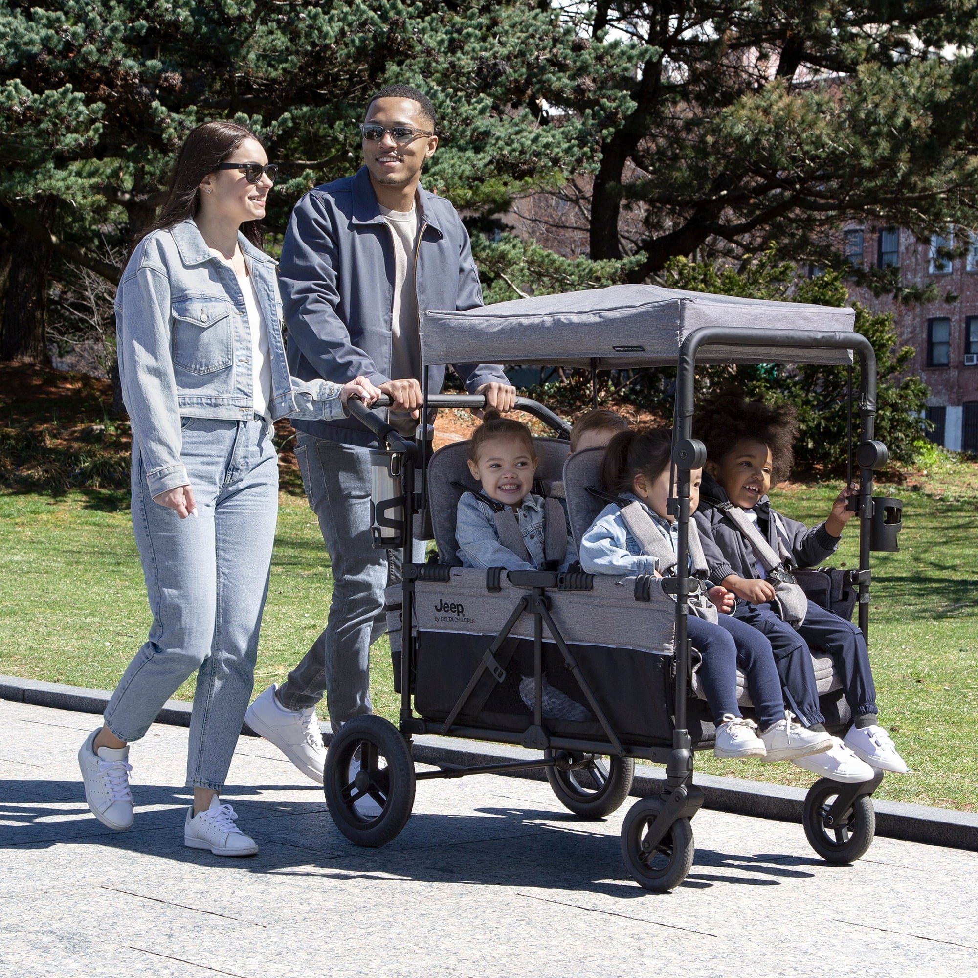 4 Seater Stroller Wagon with Convertible Seats, Adjustable Handles, Removable Canopy, Flat Fold J737378
