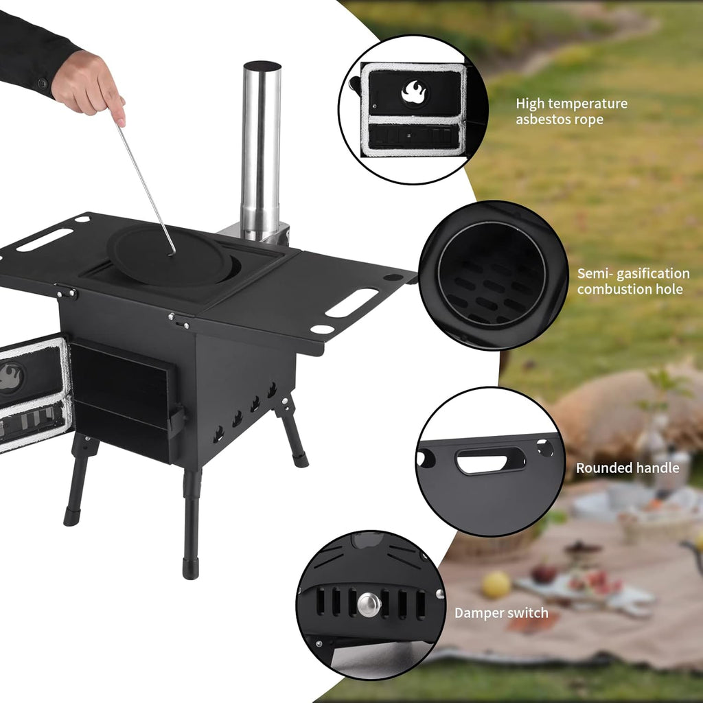 Portable Wood Burning Stove with Chimney Pipe for Tent Camping E956
