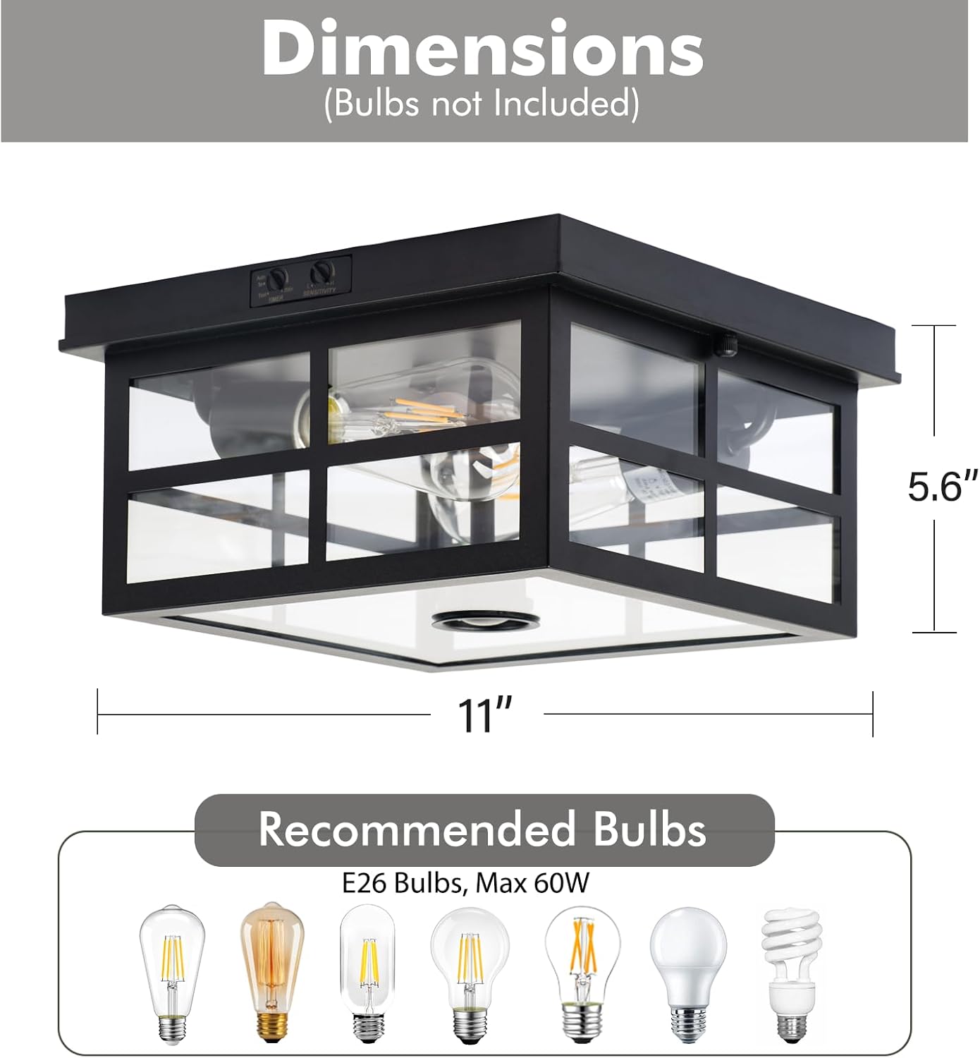 Outdoor Ceiling Light with Motion Sensor, 2-Light Flush Mount, Dusk to Dawn, Clear Glass W848052