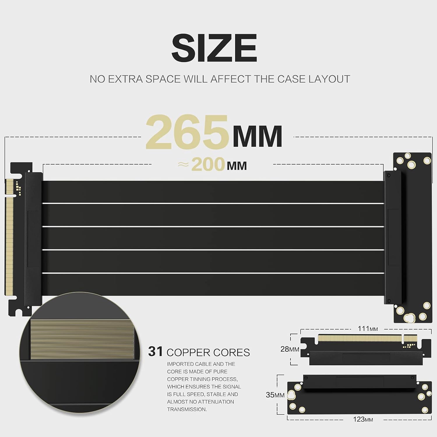 PCIE 4.0 16x Shielded Riser Cable for GPU Extension Card, Right Connector 20cm W3262