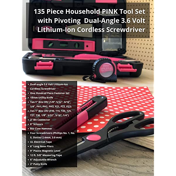 135 Piece Household Tool Kit Pink with Cordless Screwdriver M3986