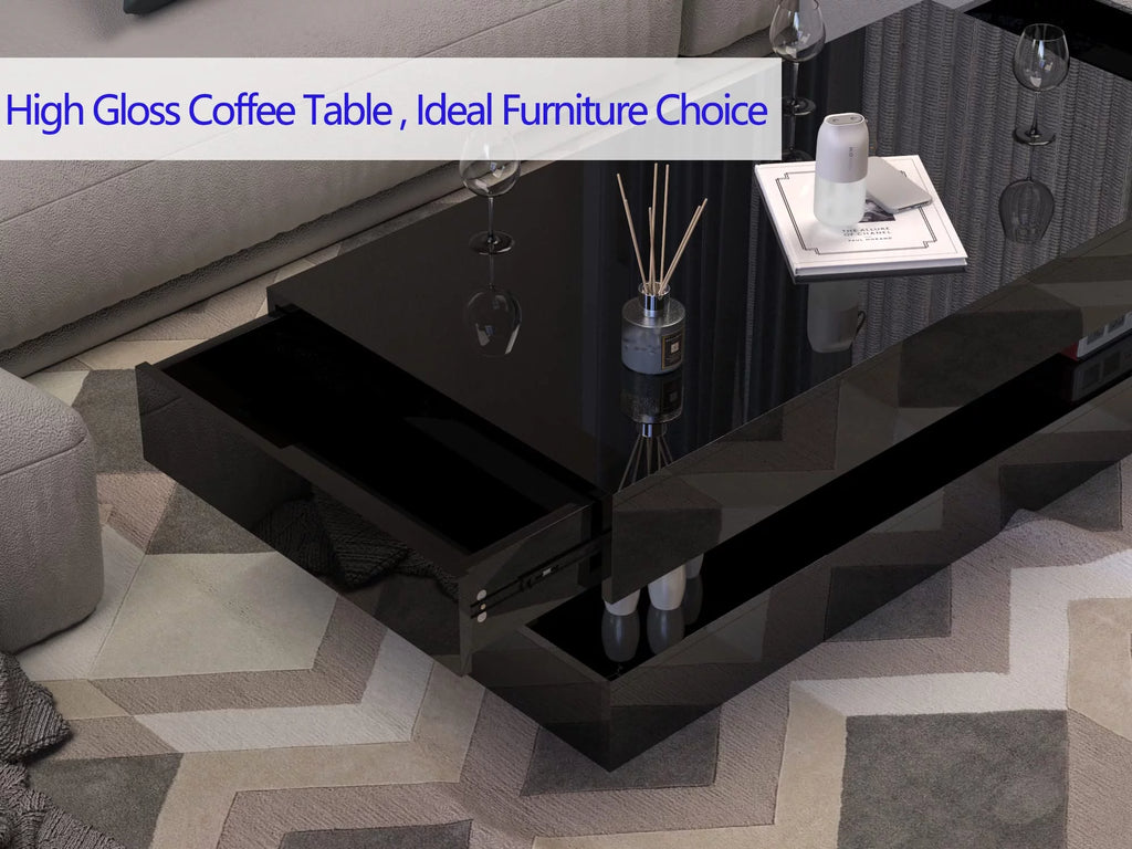 LED Coffee Table with 2 Storage Drawers, High Gloss Black, APP Control A69449
