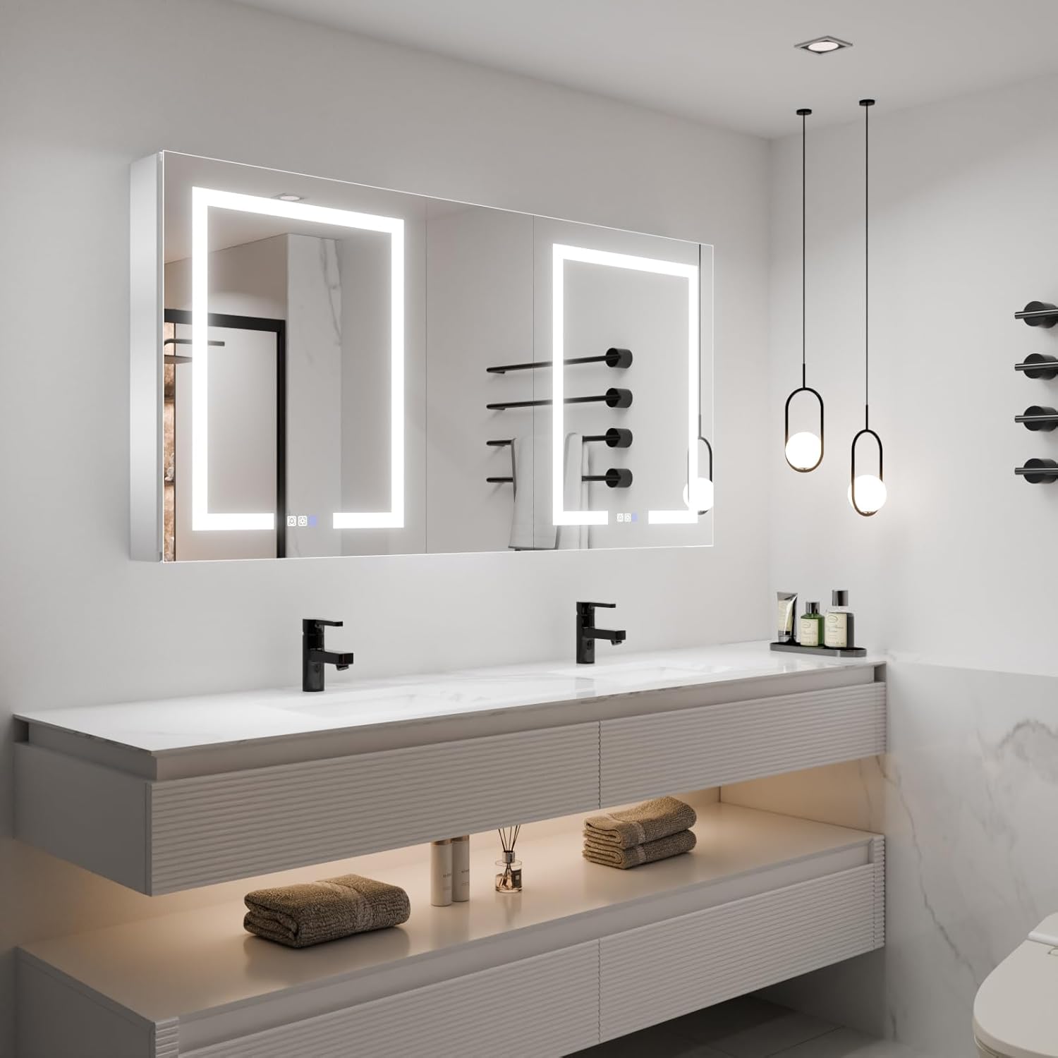 LED Lighted Bathroom Medicine Cabinet with Mirror, 60 x 30 Inch, Defog, Dimming, 2 Outlets B483042