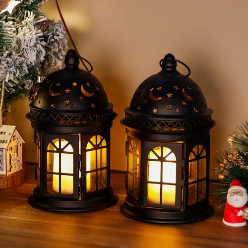Set of 2 Decorative Hanging Lanterns, 8.5in, Metal Candle Holder for Indoor Outdoor Weddings Q5781
