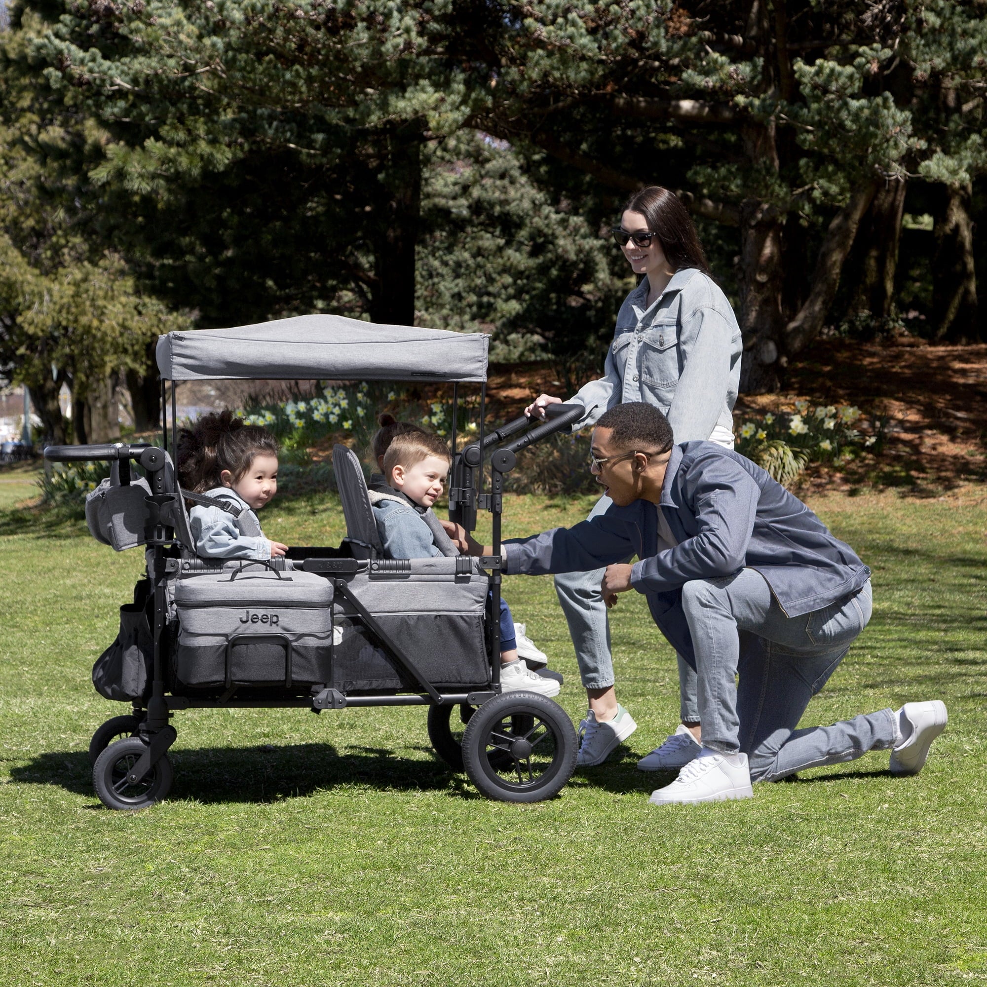 4 Seater Stroller Wagon with Convertible Seats, Adjustable Handles, Removable Canopy, Flat Fold J737378