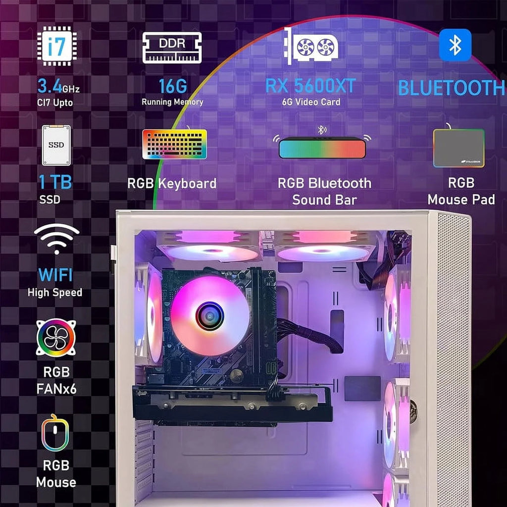 Gaming Desktop PC, Intel Core i7, 16GB RAM, 1TB SSD, Radeon RX 5600 XT T165