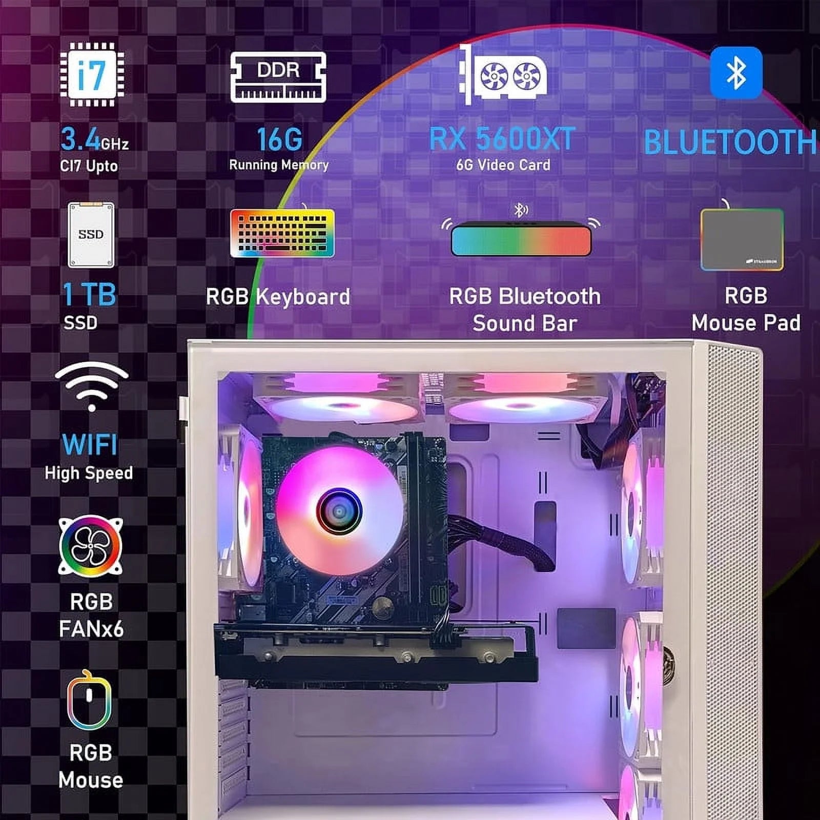 Gaming Desktop PC, Intel Core i7, 16GB RAM, 1TB SSD, Radeon RX 5600 XT T165