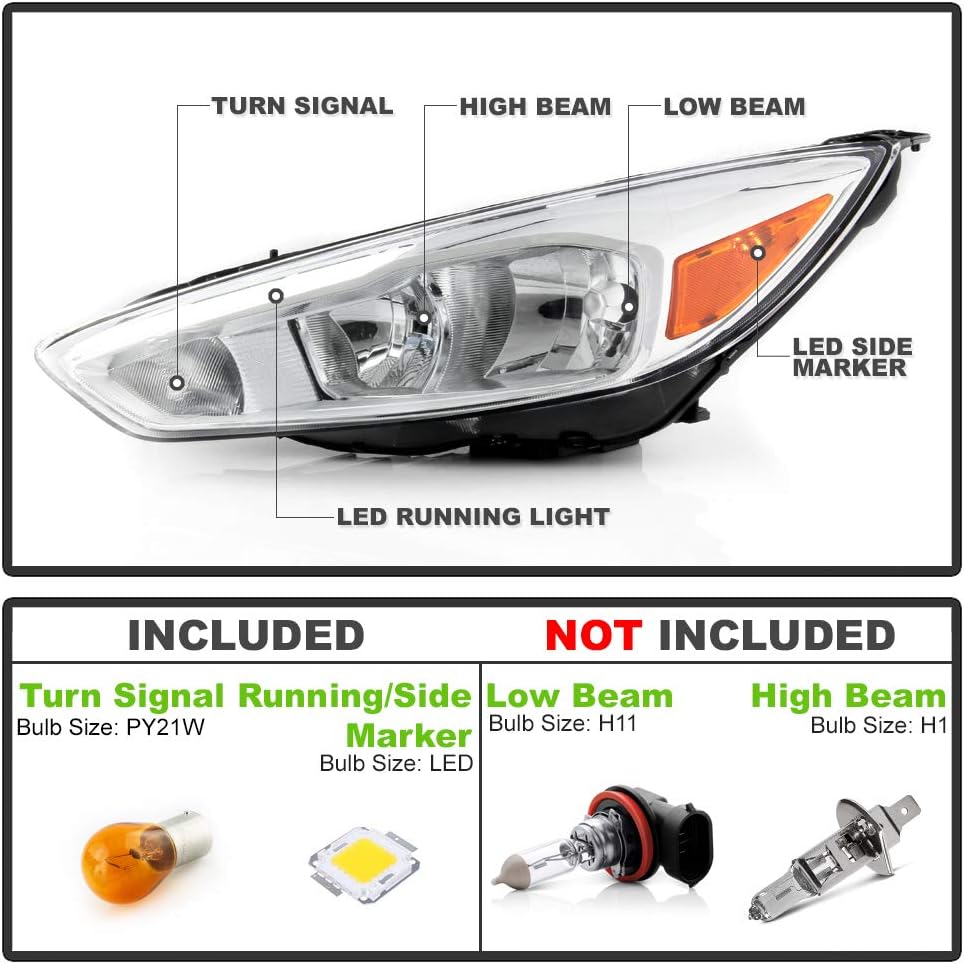 Chrome Housing Headlights for 2015-2018 Ford Focus Halogen Model w/ LED DRL B135