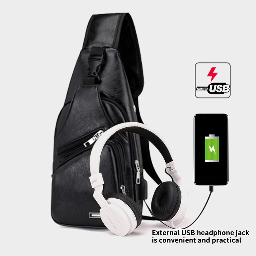 Waterproof Leather Sling Backpack with USB Charging Port for Hiking D969050
