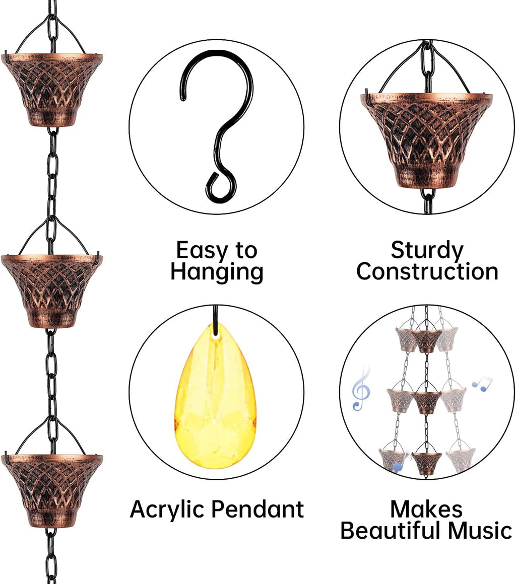 Copper Rain Chains for Downspouts, Decorative Rainwater Diverter, 8.5 ft G73367